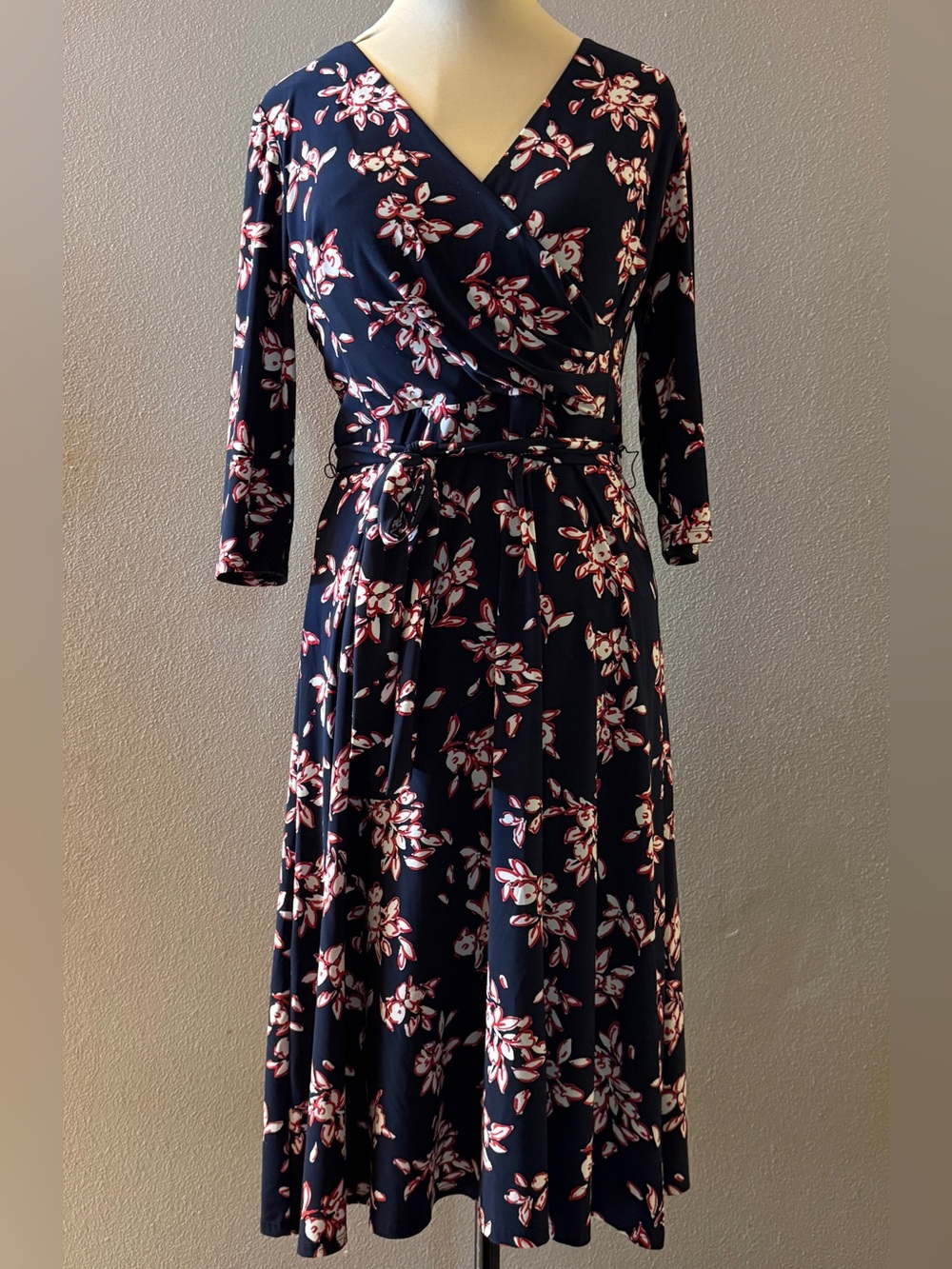 Lauren Ralph Lauren Navy Dress Red & Cream Floral Fit & Flare Faux Wrap Size 10